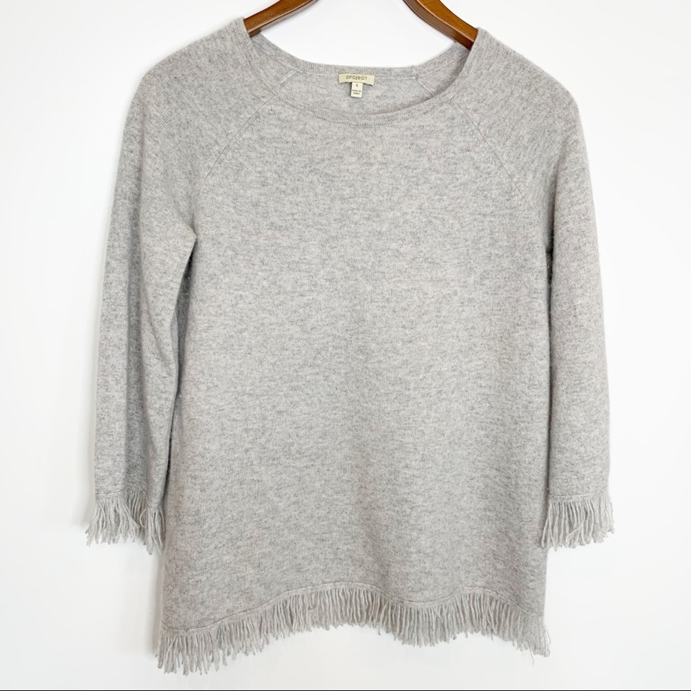 Project 100% Cashmere Sweater, 3/4 Sleeves, Fringe Accent, Light Gray, Small